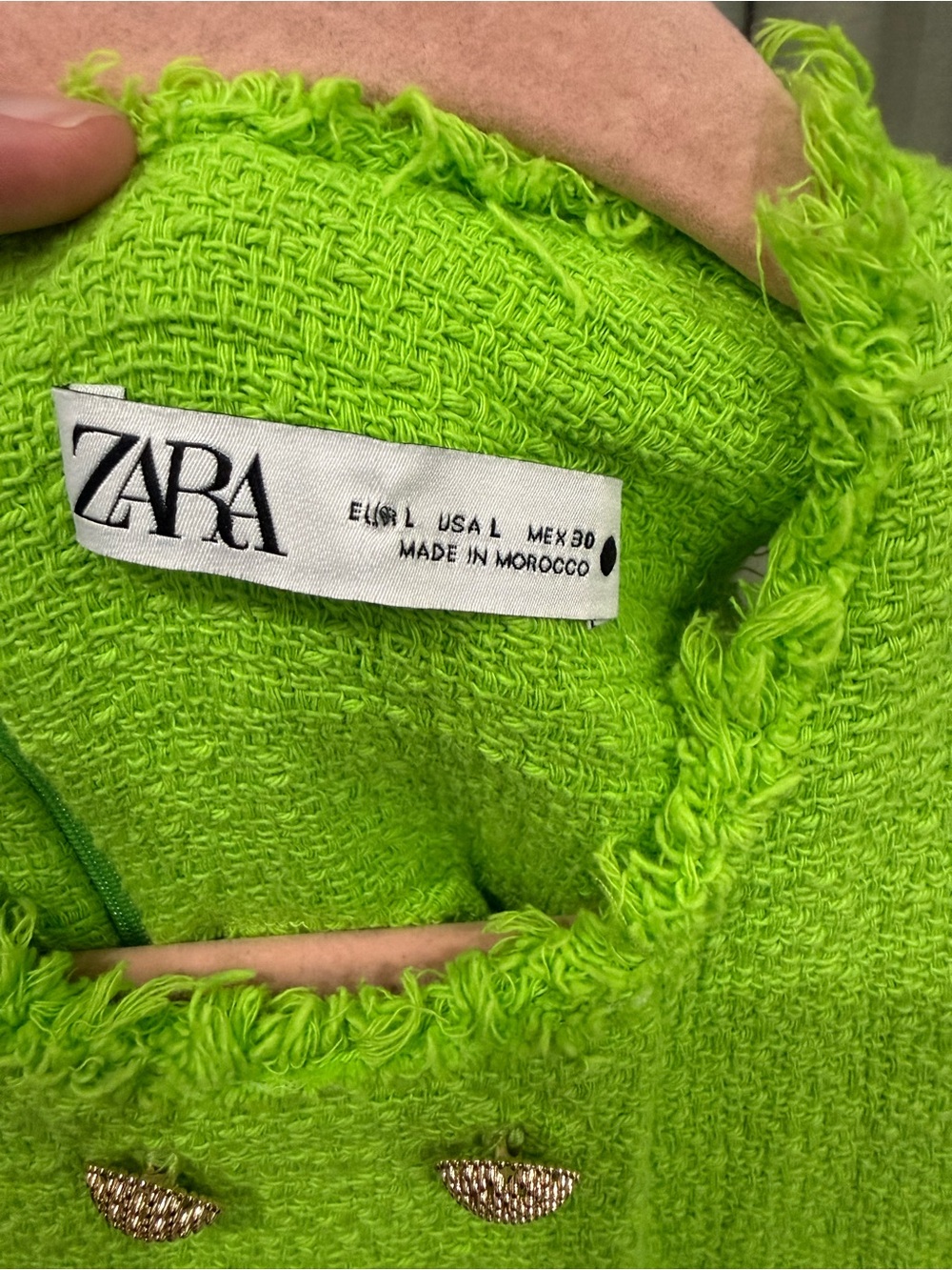 Zara Neon Lime Frayed Tweed Dress with Gold-Tone Buttons - Picture 4 of 6